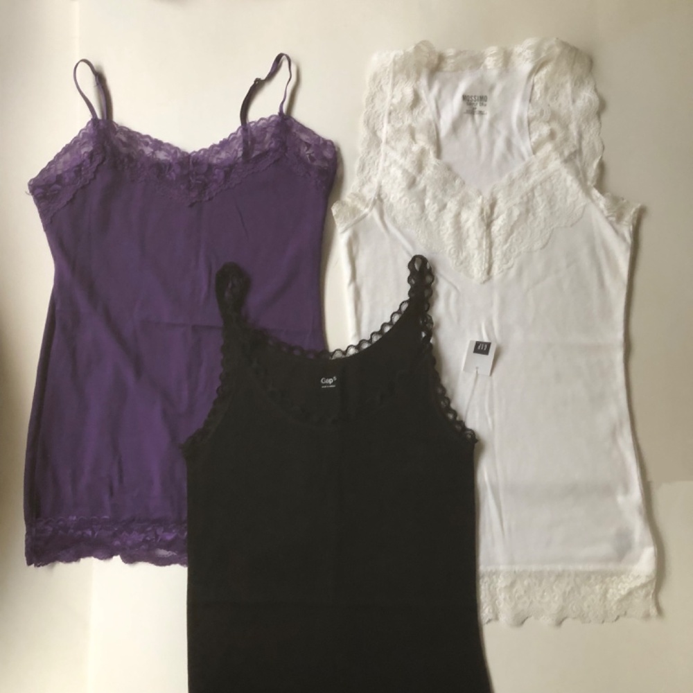 3 Cami Tee Tops, White, Purple, Black - Picture 5 of 6